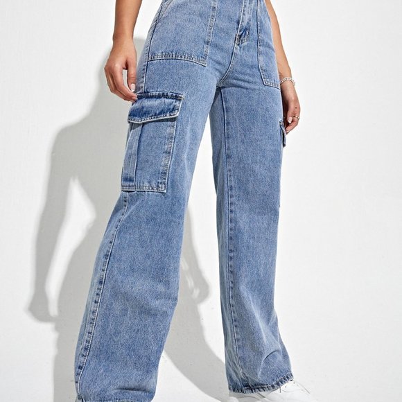 Light Wash Casual Womens High Waist Flap Pocket Side Cargo Jeans - Picture 5 of 5